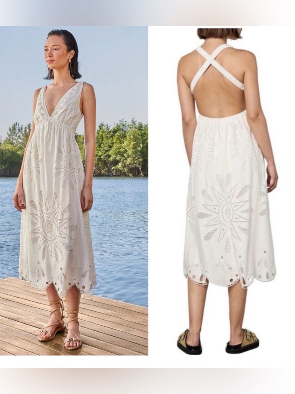 New FARM Rio Off White V-neck Eyelet Richelieu Maxi Dress SMALL linen feminine
